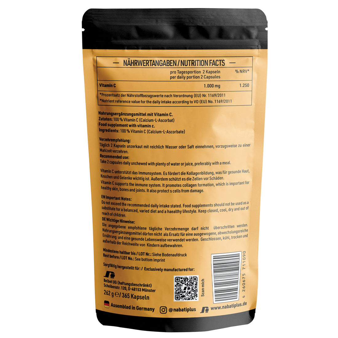 Vitamin C 365 Kapseln hochdosiert | 1000 mg pro Tag | vegan & magenschonend | nabati+