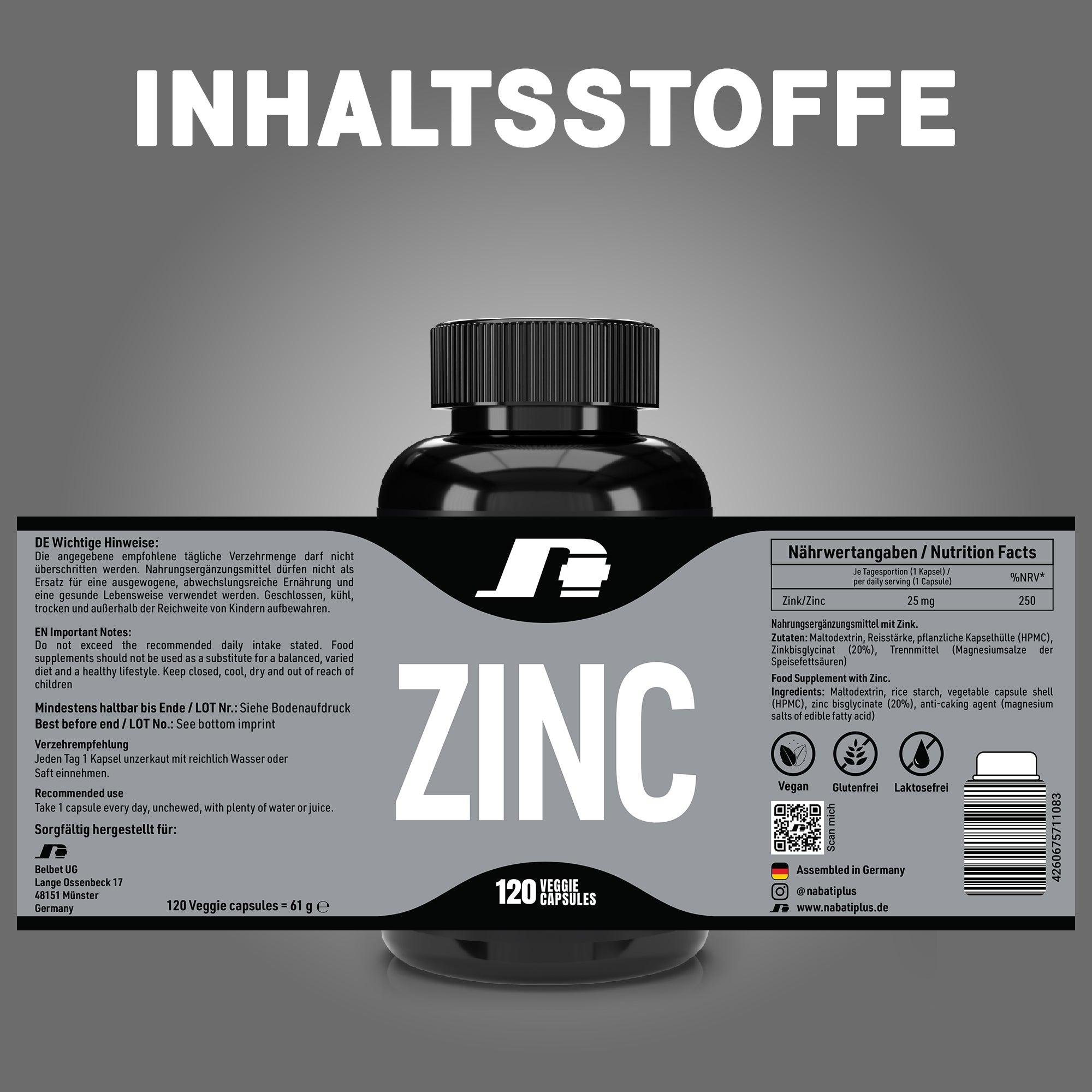Zink 120 Kapseln hochdosiert | 25 mg Zinkbisglycinat | vegan & bioverfügbar | nabati+